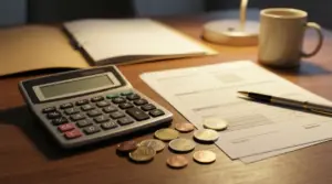 Calcolatrice, monete e documenti su una scrivania con una penna e una tazza