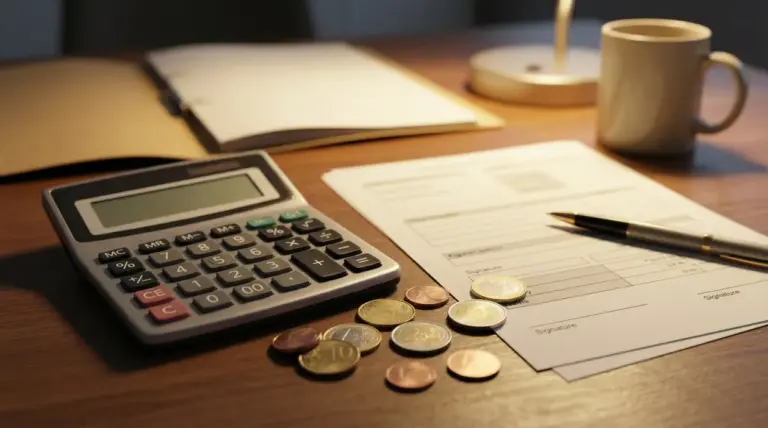 Calcolatrice, monete e documenti su una scrivania con una penna e una tazza