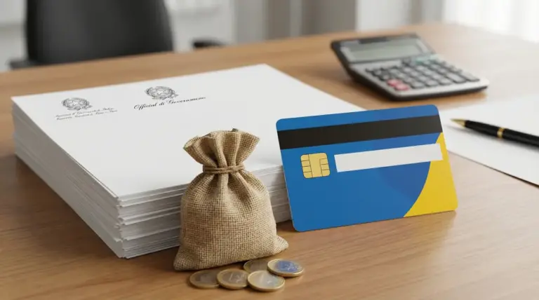 Una carta elettronica accanto a monete, sacchetto di juta e documenti su scrivania