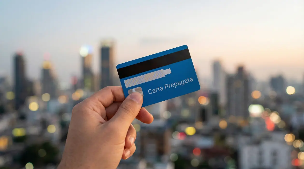 Mano che tiene una carta prepagata con sfondo urbano sfocato al tramonto