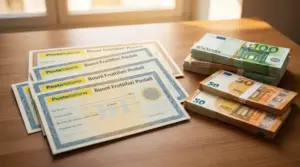 Buoni fruttiferi postali accanto a mazzette di banconote in euro su una scrivania