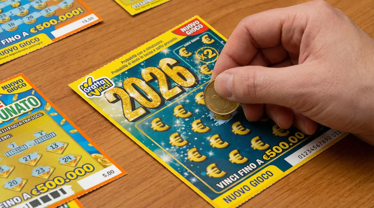 Una mano gratta un biglietto Gratta e Vinci 2026 su un tavolo di legno