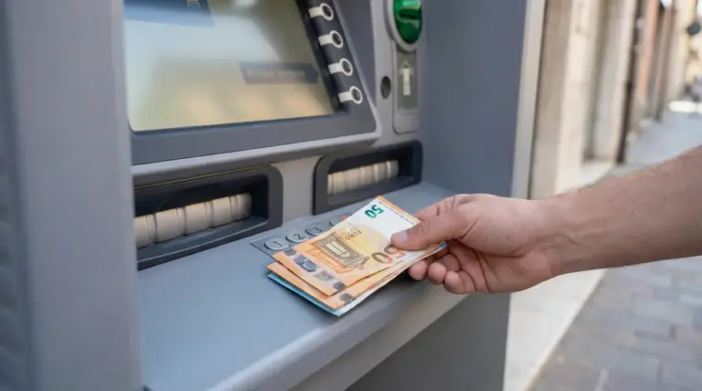 Mano che ritira banconote da uno sportello bancomat in una strada cittadina
