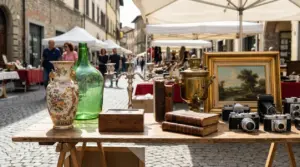 Oggetti da collezione esposti su un banco di un mercatino dell’usato all’aperto