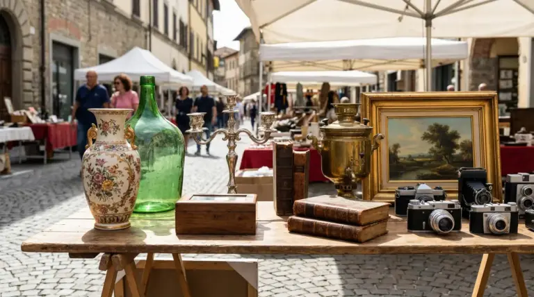 Oggetti da collezione esposti su un banco di un mercatino dell’usato all’aperto