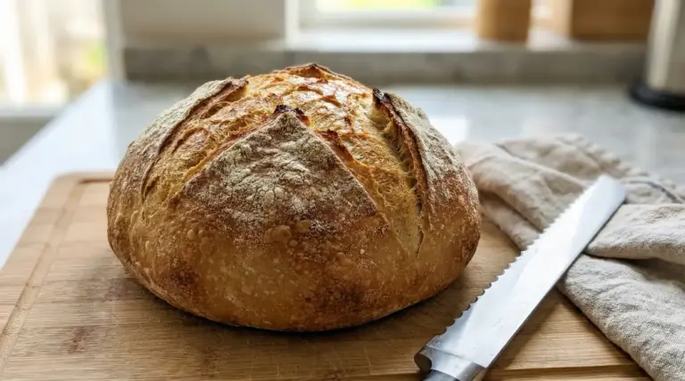 Pagnotta di pane fatto in casa con crosta croccante su un tagliere di legno
