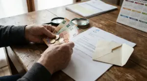Mani di una persona anziana che conta banconote e monete accanto a una lettera dell'INPS su un tavolo di legno