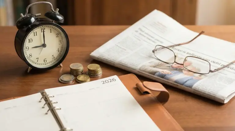 Orologio, monete, agenda 2026 e giornale su una scrivania in legno