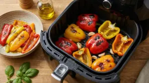 Peperoni colorati arrostiti in una friggitrice ad aria con aglio e olio su un piano di legno