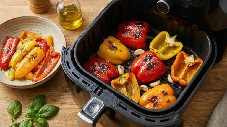 Peperoni colorati arrostiti in una friggitrice ad aria con aglio e olio su un piano di legno