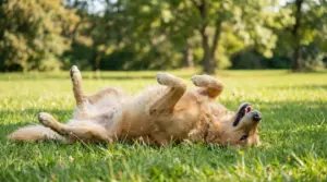 Cane che si rotola sull'erba in una giornata di sole