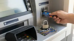 Persona che inserisce una carta in un bancomat con lucchetto e catena su altre carte