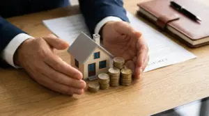 Mani proteggono una casa in miniatura e pile di monete su una scrivania