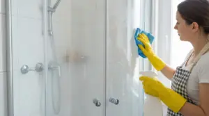 Persona pulisce una cabina doccia in plastica con guanti e panno in microfibra
