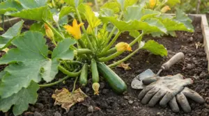 Pianta di zucchine in un orto con guanti e paletta da giardinaggio sul terreno