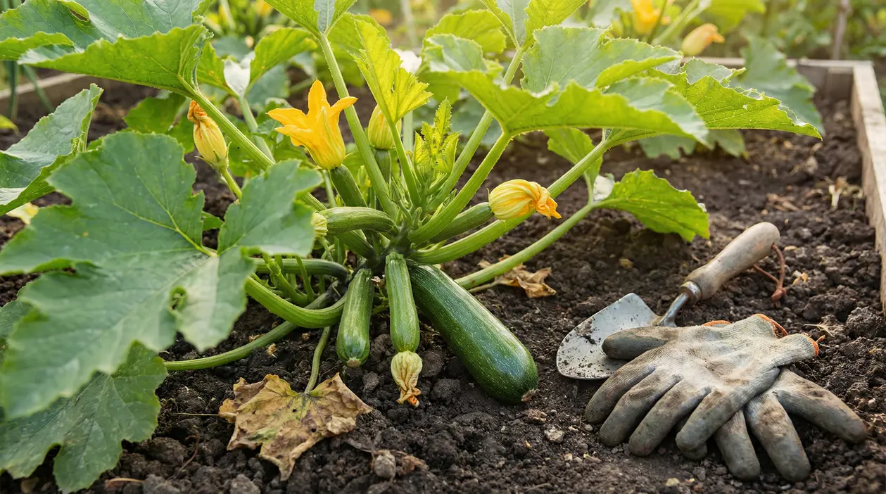 Pianta di zucchine in un orto con guanti e paletta da giardinaggio sul terreno