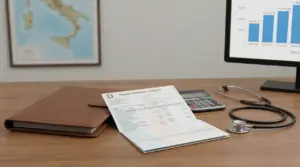 Scrivania con busta paga, stetoscopio, calcolatrice e grafico salariale su schermo