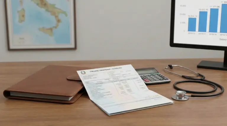 Scrivania con busta paga, stetoscopio, calcolatrice e grafico salariale su schermo