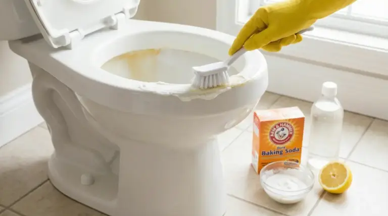 Pulizia del wc ingiallito con spazzola e rimedi naturali come bicarbonato, limone e aceto