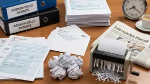Documenti fiscali, fascicoli e un distruggidocumenti su una scrivania