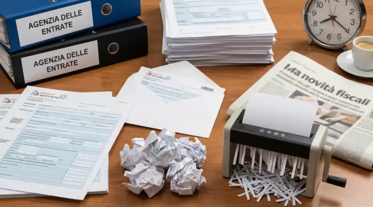 Documenti fiscali, fascicoli e un distruggidocumenti su una scrivania