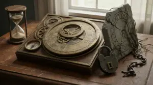 Oggetti antichi rappresentanti lo zodiaco, il tempo e il cambiamento su un tavolo di legno