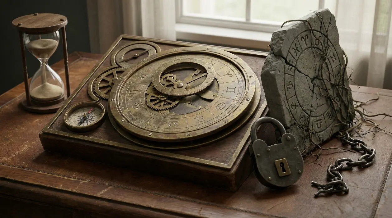 Oggetti antichi rappresentanti lo zodiaco, il tempo e il cambiamento su un tavolo di legno