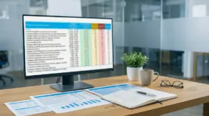 Scrivania con monitor che mostra una tabella di dati, grafici stampati e materiali da ufficio