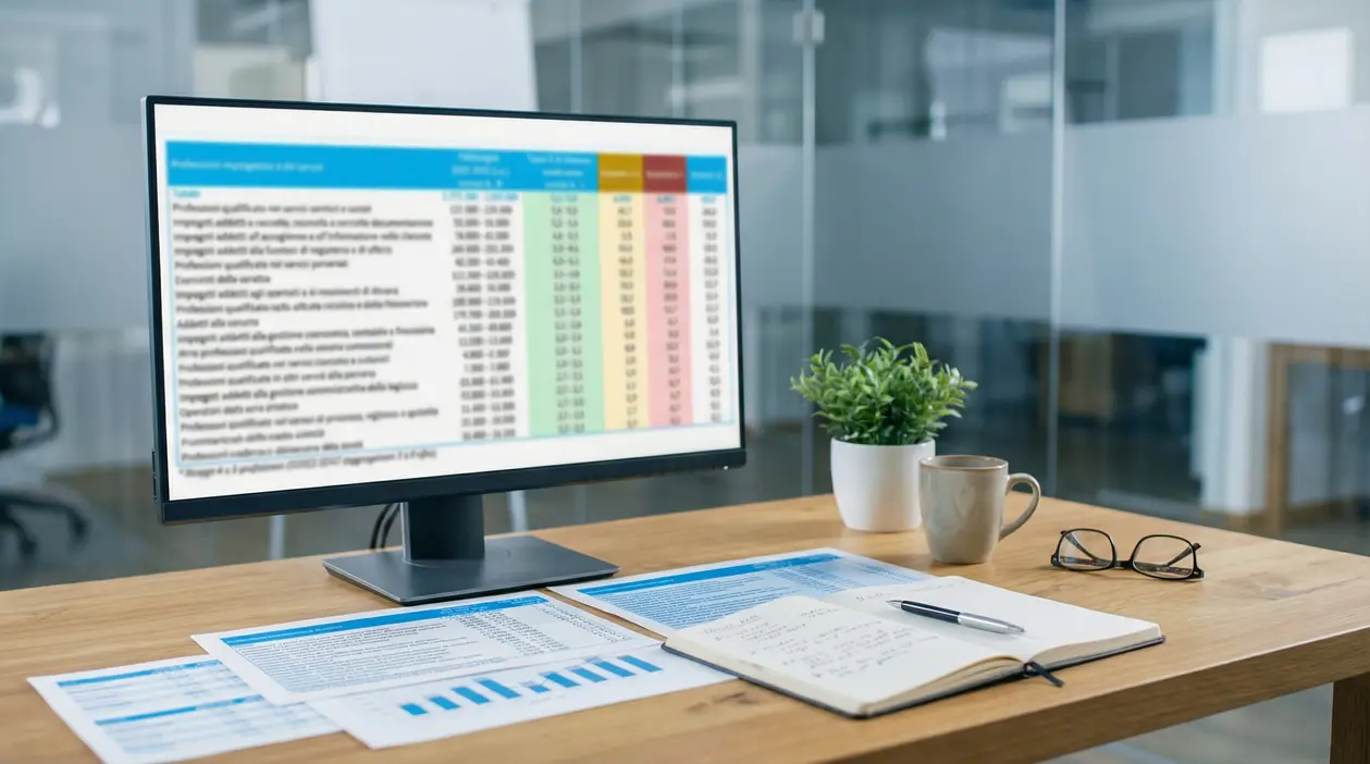 Scrivania con monitor che mostra una tabella di dati, grafici stampati e materiali da ufficio
