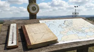 Strumenti meteorologici su un tavolo all'aperto con mappa del tempo e paesaggio collinare sullo sfondo