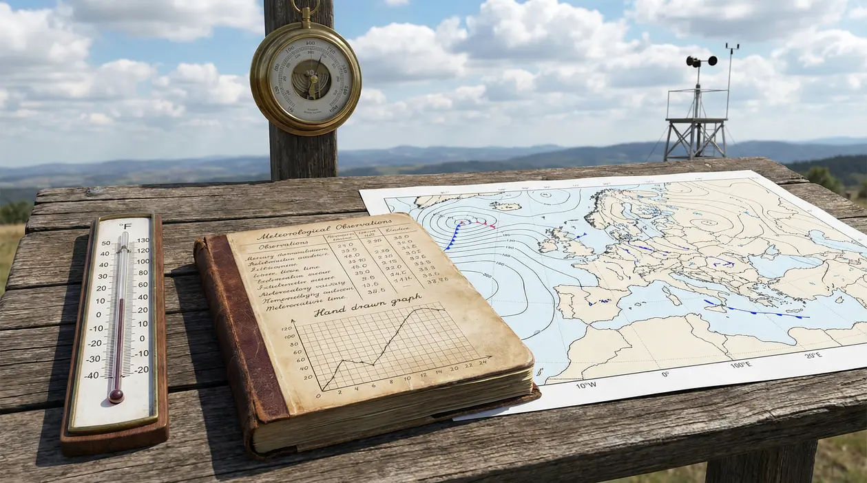 Strumenti meteorologici su un tavolo all'aperto con mappa del tempo e paesaggio collinare sullo sfondo