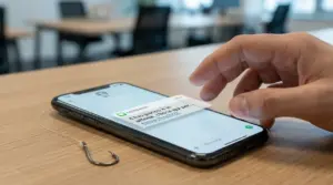 Una mano vicino a uno smartphone che mostra un messaggio sospetto su un pacco in attesa