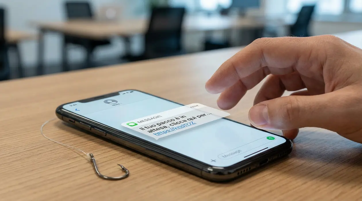Una mano vicino a uno smartphone che mostra un messaggio sospetto su un pacco in attesa