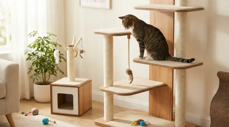Gatto seduto su un tiragraffi in legno con piattaforme rivestite e giochi pendenti