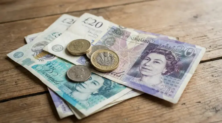 Sterline di carta e monete britanniche su un tavolo in legno