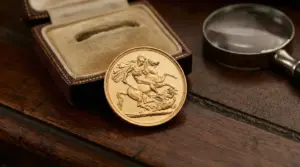 Sterlina d’oro appoggiata su un cofanetto in legno, accanto a una lente d’ingrandimento