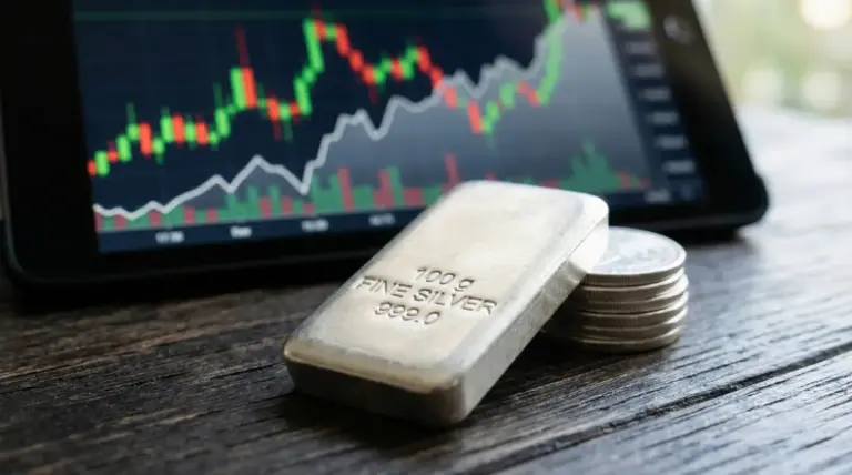 Lingotto d'argento da 100 grammi e monete su un tavolo con un grafico di borsa su tablet