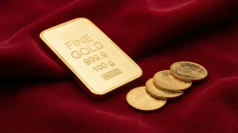 Lingotto d'oro da 100 grammi e monete d'oro su un panno rosso vellutato