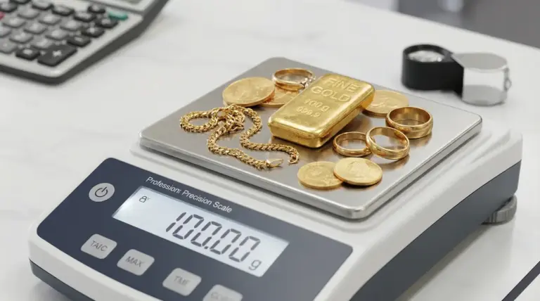 Bilancia di precisione che mostra 100 grammi di oro usato tra monete, anelli e lingotto