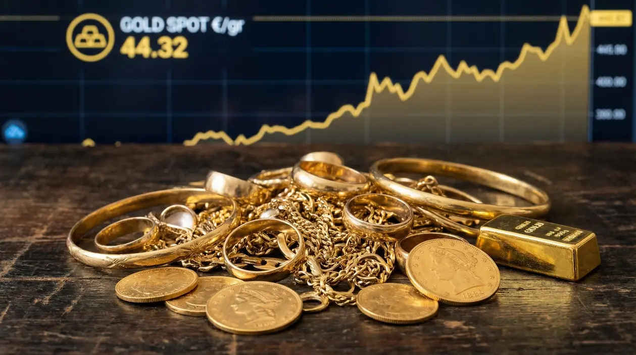 Gioielli e monete d'oro su un tavolo con grafico del prezzo dell'oro sullo sfondo