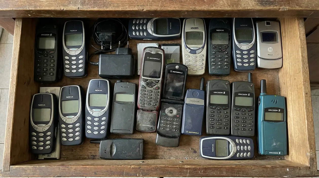 Vecchi telefoni cellulari di varie marche conservati in un cassetto di legno