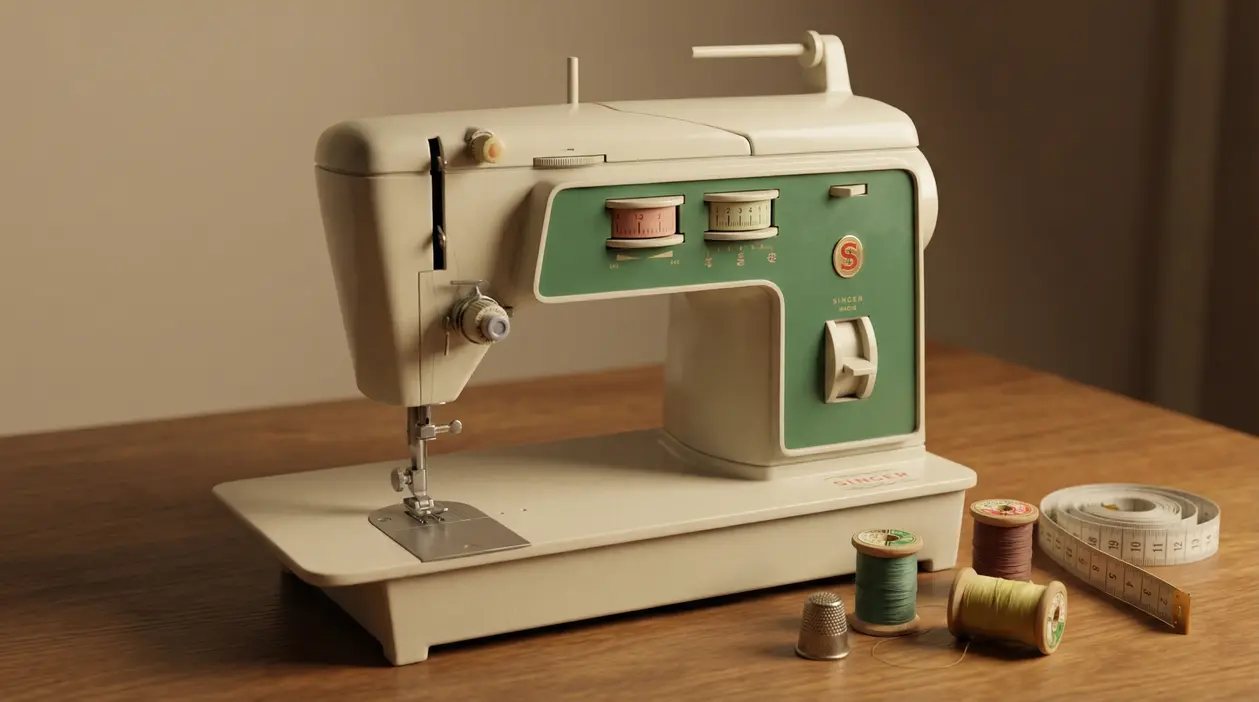 Macchina da cucire Singer del 1970 con fili colorati e ditale su un tavolo di legno