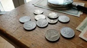 Vecchie monete italiane da 10 lire con spiga e olivo su un tavolo di legno