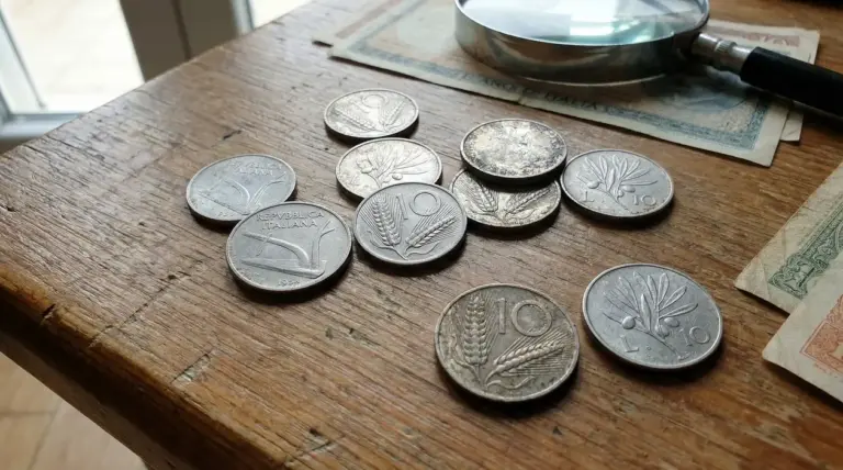 Vecchie monete italiane da 10 lire con spiga e olivo su un tavolo di legno