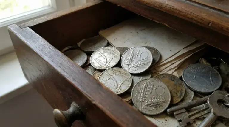 Vecchie monete italiane da 10 lire con la spiga in un cassetto di legno aperto