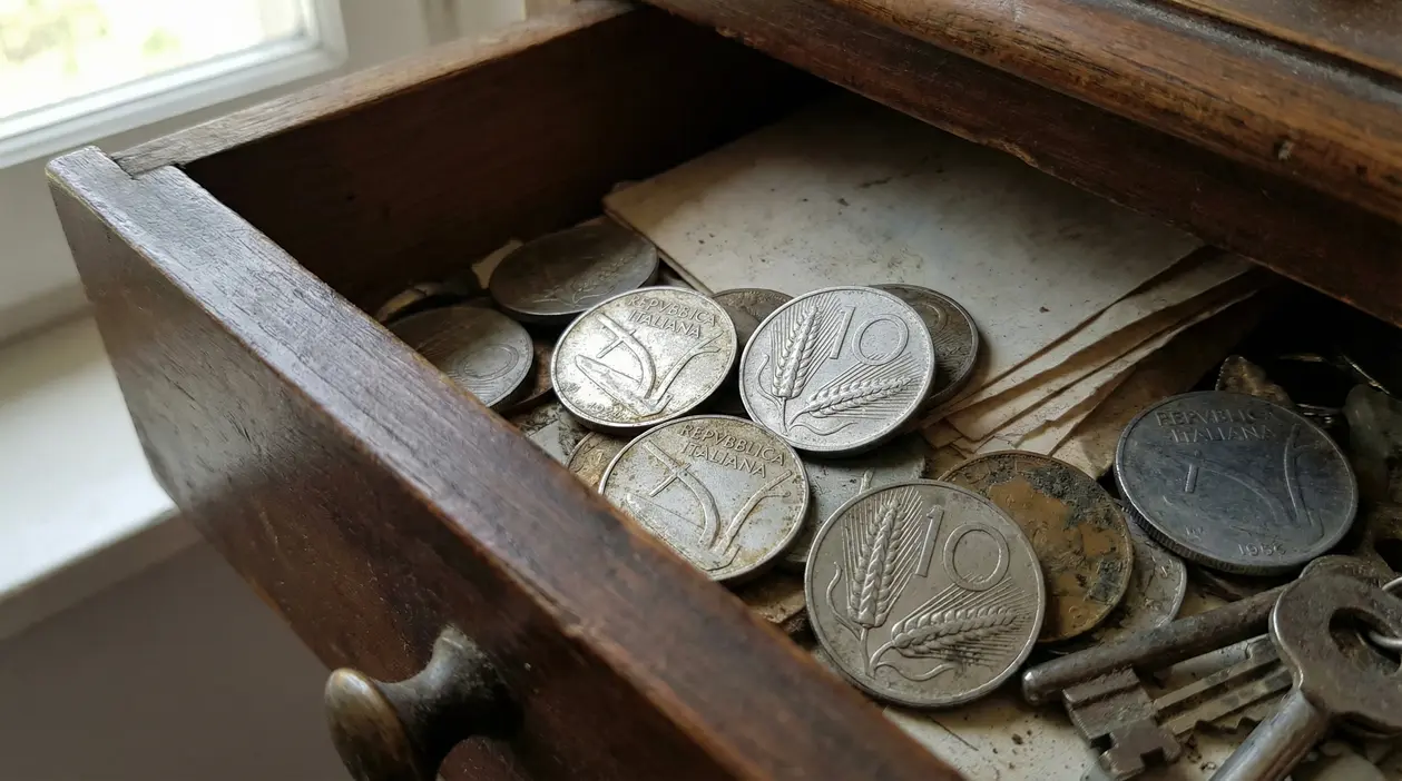 Vecchie monete italiane da 10 lire con la spiga in un cassetto di legno aperto