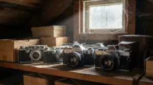 Vecchie fotocamere analogiche su uno scaffale polveroso in soffitta