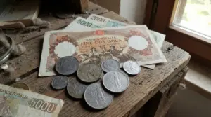 Vecchie monete e banconote italiane in lire su un tavolo di legno polveroso