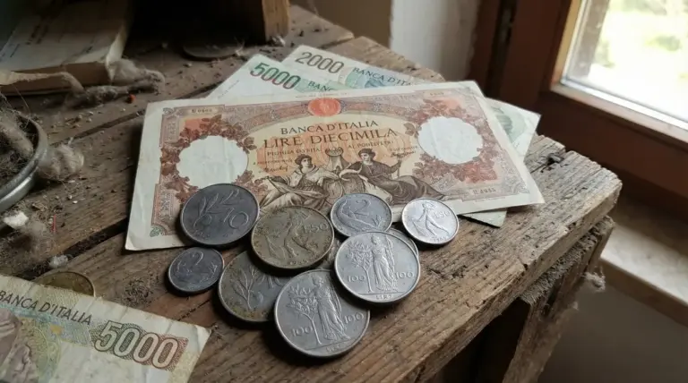 Vecchie monete e banconote italiane in lire su un tavolo di legno polveroso