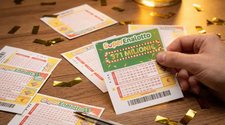 Una mano tiene in primo piano un biglietto del Superenalotto con la cifra vincente.